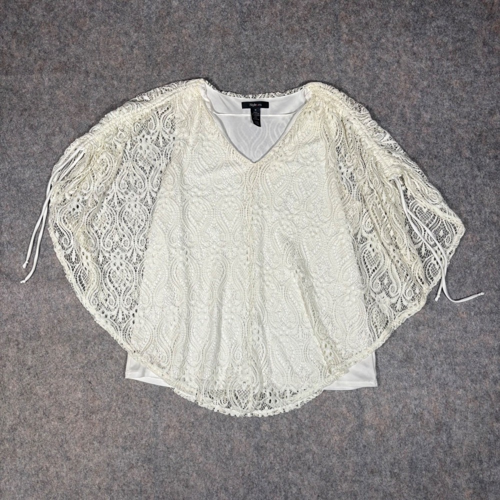 Style & Co Lace Poncho Top Womens Medium White V-Neck Cape Sleeve Paisley Boho